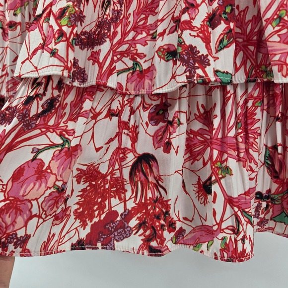 Anthropologie Tiered Ruffle Mini Skirt Large Red Floral Smocked Boho Cottagecore - Picture 2 of 6
